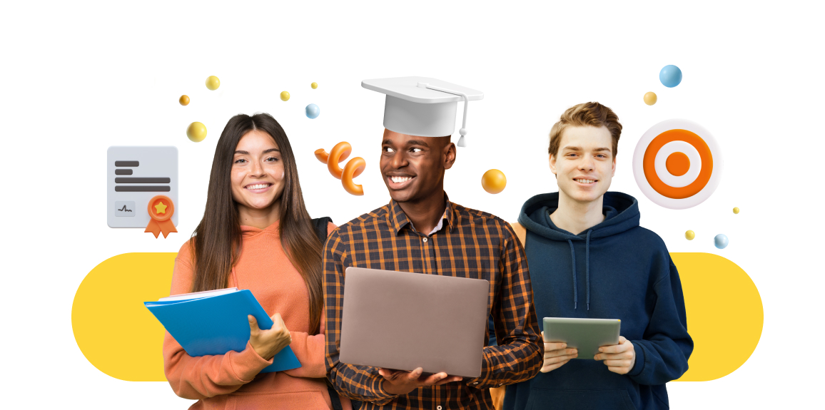 A student with a graduation cap in between two other students