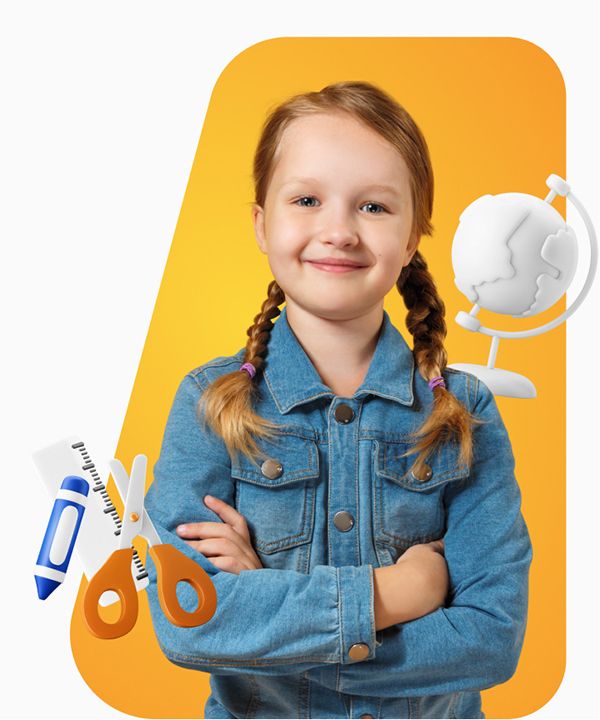 Smiling girl with ponytails surrounded by pencil, ruler, scissors and globe