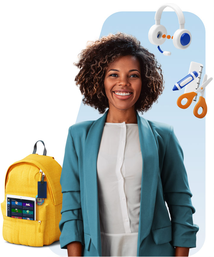 A woman smiling next to a yellow backpack and cartoon headphones and school supplies